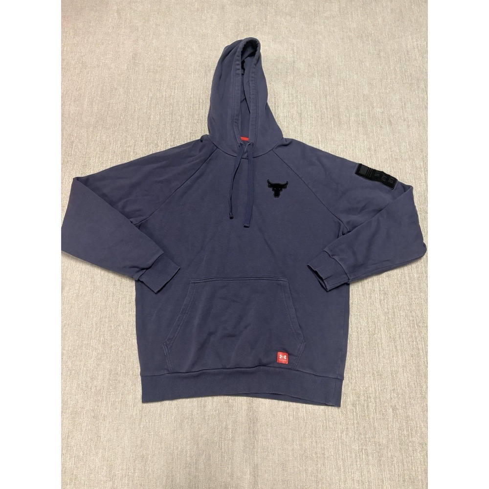 Under Armour Project Rock Vet Day Hoodie Mens Medium Blue Freedom Pullover Patch